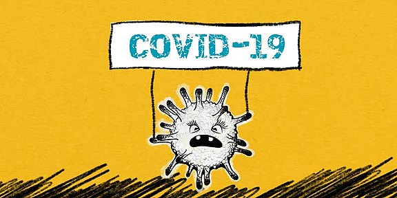 Virus hält COVID-19-Banner in die Luft 