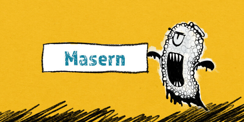 Grafik Masern Virus hält Masern-Banner in die Luft